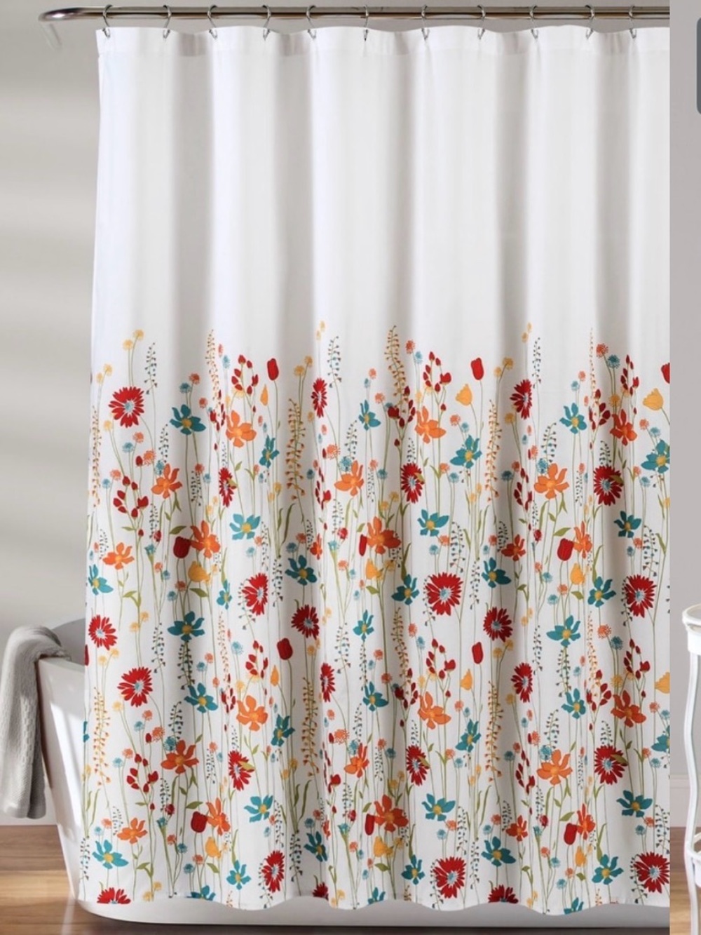 Floral fabric shower curtain with fabric liner and chrome double hooks